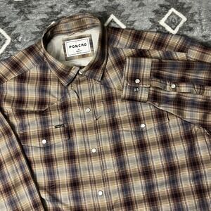 Poncho Outdoors Western Snap Plaid Shirt XL Brown Blue Technical Stretch Vented
